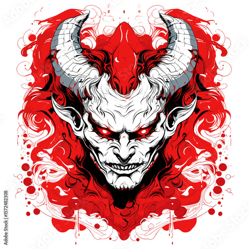 Portrait of devil in vector line art style. T-shirt template