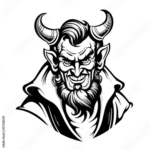 Portrait of devil in vector line art style. T-shirt template