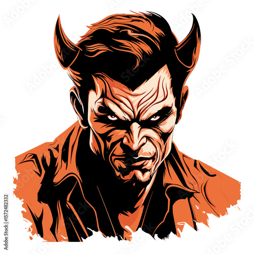 Portrait of devil in vector line art style. T-shirt template