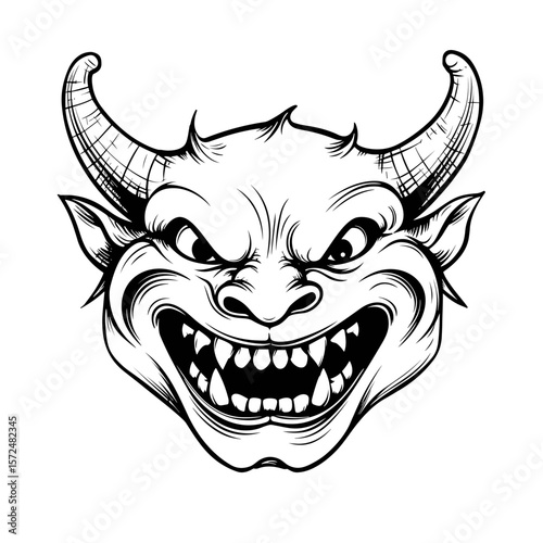 Portrait of devil in vector line art style. T-shirt template