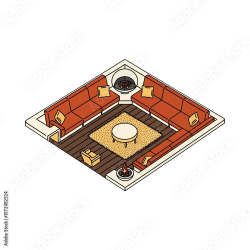 Isometric view of a cozy corner living room with orange sofas, a coffee table, and fireplaces.