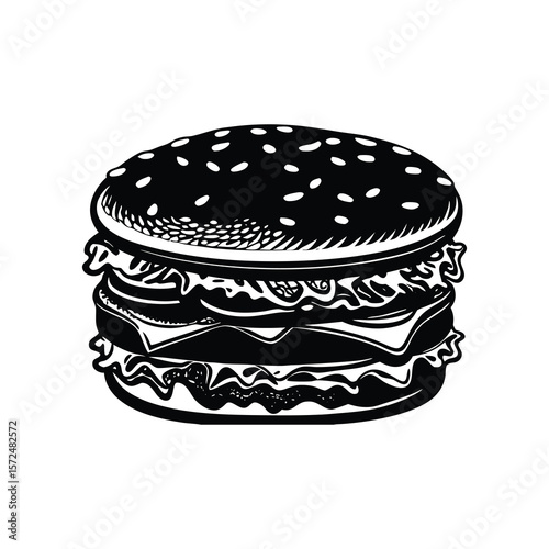 Layered burger with sesame seed bun hamburger double patty