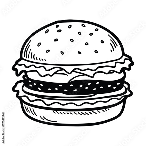 Layered hamburger with sesame seed bun sesame seeds