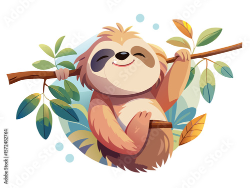 Charming illustration of a sleepy sloth hanging
