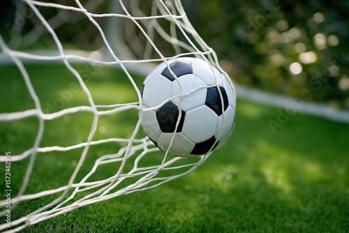 Soccer ball flying into goal net during match, close up view of football scoring in white net against green grass field, sport action and competition concept
