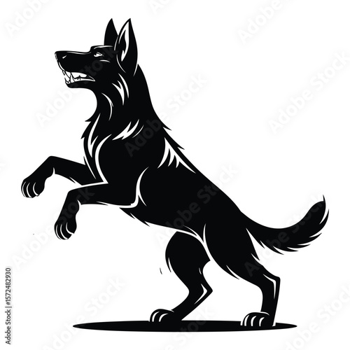 German Shepherd Silhouette: A powerful silhouette of a German Shepherd dog, standing tall on its hind legs, exudes strength, loyalty, and alertness.