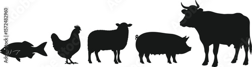 Black silhouette of different farm animals on a white background