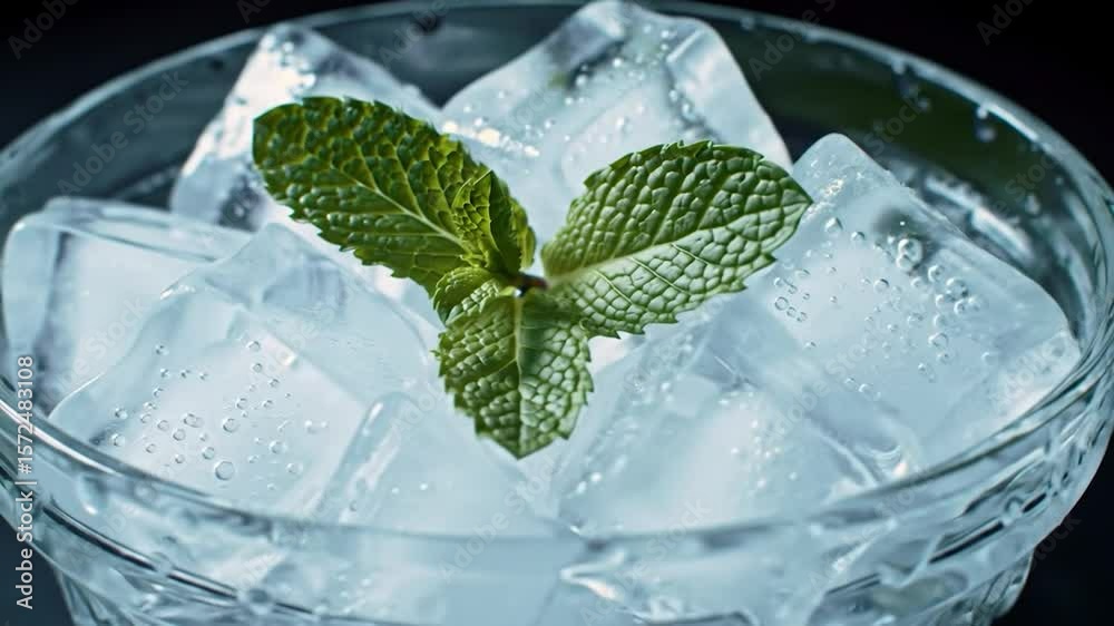 Refreshing mint sprig atop frosty ice cubes
