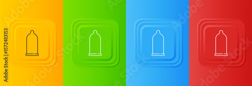 White Condom safe sex icon isolated on colorful background. Safe love symbol. Contraceptive method for male. Set icons in square buttons. Vector