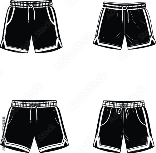 Men’s athletic running shorts vector illustration with drawstring, silhouette, line art.