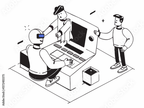 Isometric vector illustration of a human and robot