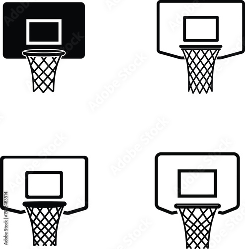 Basketball hoop and backboard vector icon set in black and white, silhouette, illustration, line art.