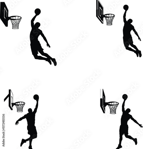 Basketball player slam dunk silhouette vector set with hoop and backboard, illustration, line art.