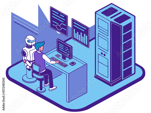 Isometric vector illustration of a human and robot