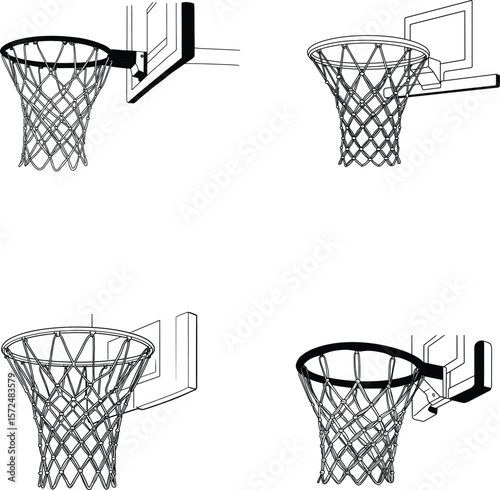 Vector Set of Basketball Hoops and Nets – Black and White Backboard Illustrations, silhouette, line art.