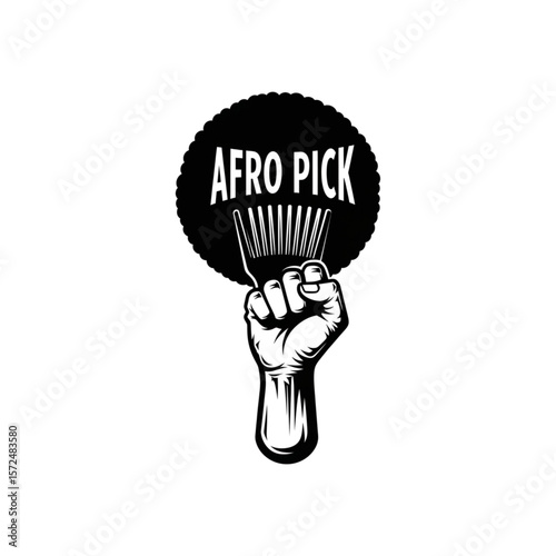 A stylized illustration of a raised fist holding an afro pick, with the text "AFRO PICK" above.