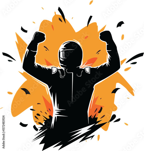 Triumphant race car driver celebrates victory, arms raised in jubilation against an explosive orange backdrop.