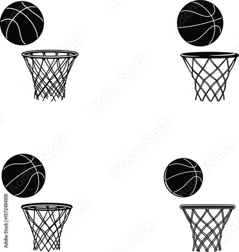 Set of Vector Basketball Hoops with Balls in Motion — Isolated Black Icons, silhouette, illustration, line art.