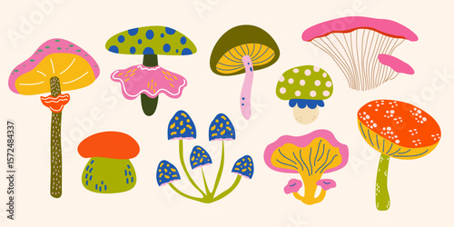 Whimsical mushrooms retro set. Hand drawn vector cute autumn design elements for greeting cards, stickers, badges. Mystery and fantastic forest fungi plant collection