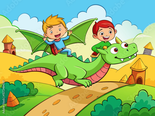 Two children flying on the back of a large friend