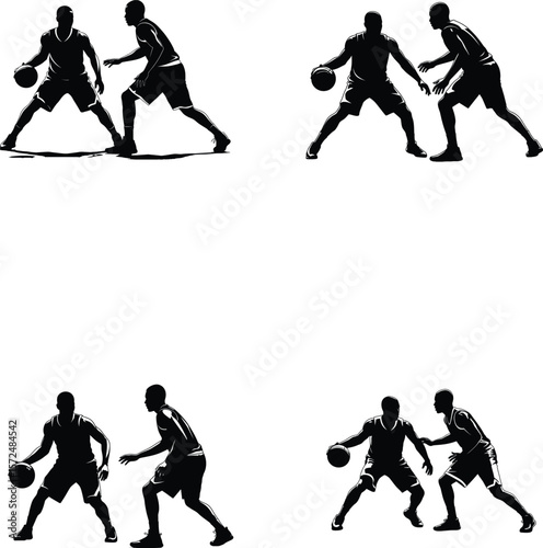 Basketball one-on-one silhouette set with dribbling and defense, vector, illustration, line art.