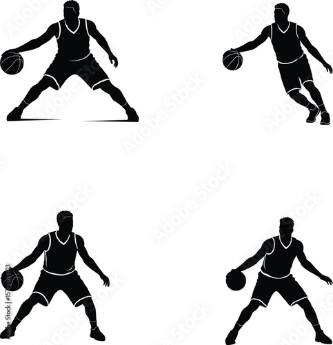 Silhouette vector set of basketball players dribbling and posing, illustration, line art.