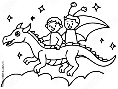 Two children flying on the back of a large friend