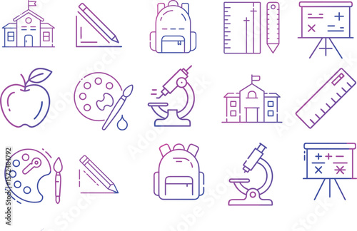 Collection of modern school and education line art icons including book,ruler, pencil, backpack, globe, and learning symbols