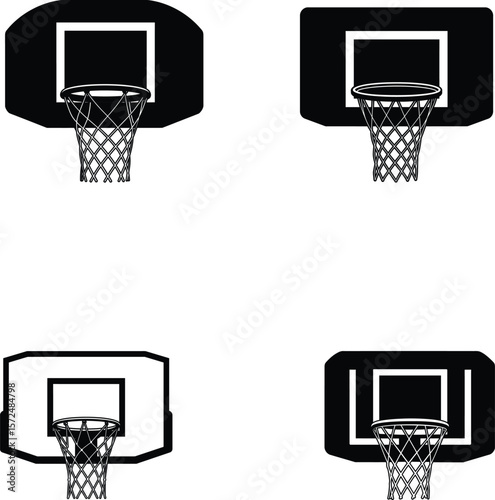 Vector set of black and white basketball hoops and backboards, silhouette, illustration, line art.