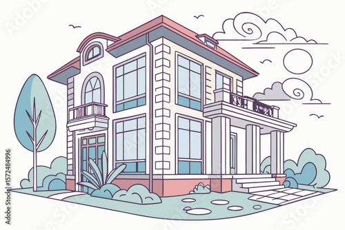 Front view vector illustration of a colorful luxurious duplex house with a modern architectural design.
