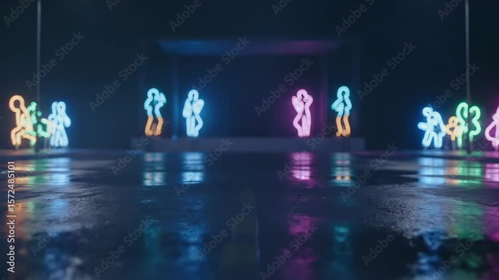 Neon couple silhouettes reflected on wet surface dark background