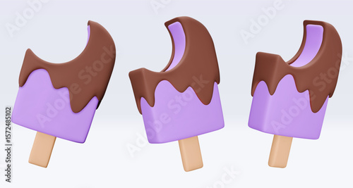 Set bitten Ice cream with chokolate glaze, icon, 3d render. Design elements. Realistic fast food icon. Sweet food. Vector illustration isolated on white for menu, shop, flyer, banner, web, adv, sale