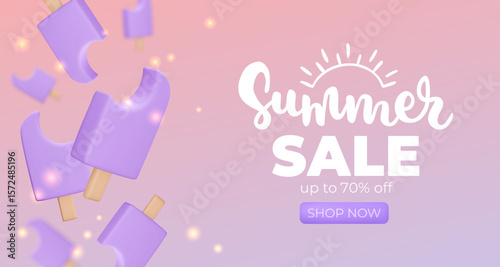 Banner with purple Ice cream on pink background, summer sale, up to 70%, 3d render. Design elements. Realistic sweet food poster. Vector illustration for menu, shop, flyer, web, adv, sale