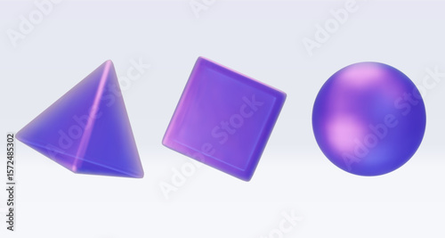 Set 3d iridescent hologram pyramid, sphere, cube. Render geometry figure in purple, pink, blue colors. Vector illustration isolated on white for design projects, product display, presentation, adv