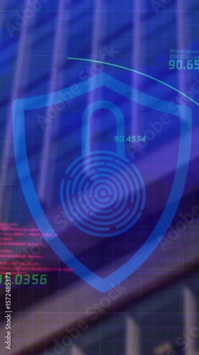 Digital security shield with lock animation over skyscraper background