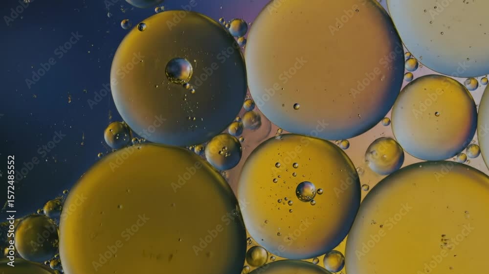 Oil  water mix with bubbles spheres  orbs creating a texture Back lit with golden tones  a blue gradient