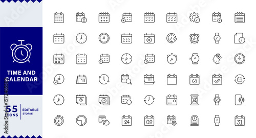 pixel perfect Time and calendar Line Editable Icons set. Vector illustration in modern thin line style of time management related icons: clock, stopwatch, timer, schedule, date