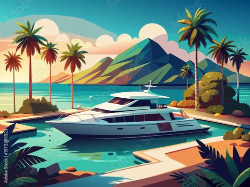 Vector of a tropical island with a private yacht