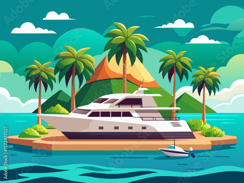 Vector of a tropical island with a private yacht