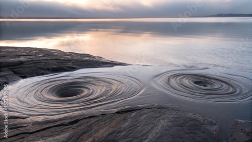 Hypnotic twin whirlpools swirl in rocky pools, mirroring a soft, painted sky above.