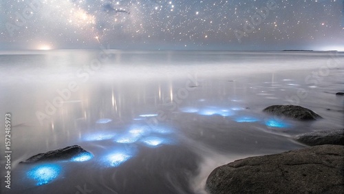 A magical beach where glowing life illuminates the shallows under a canopy of stars.