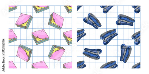 Hand drawn seamless pattern of sticky notes and staplers in pastel colors on squared paper background, vintage style
