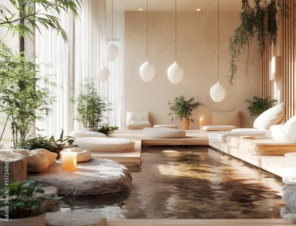 Luxury Zen Spa Interior with Candlelight, Rippling Water and Natural Greenery Animation
