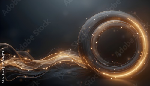 Modern Dark 3D Abstract Background with Elegant Circular Forms and Golden Line Accents