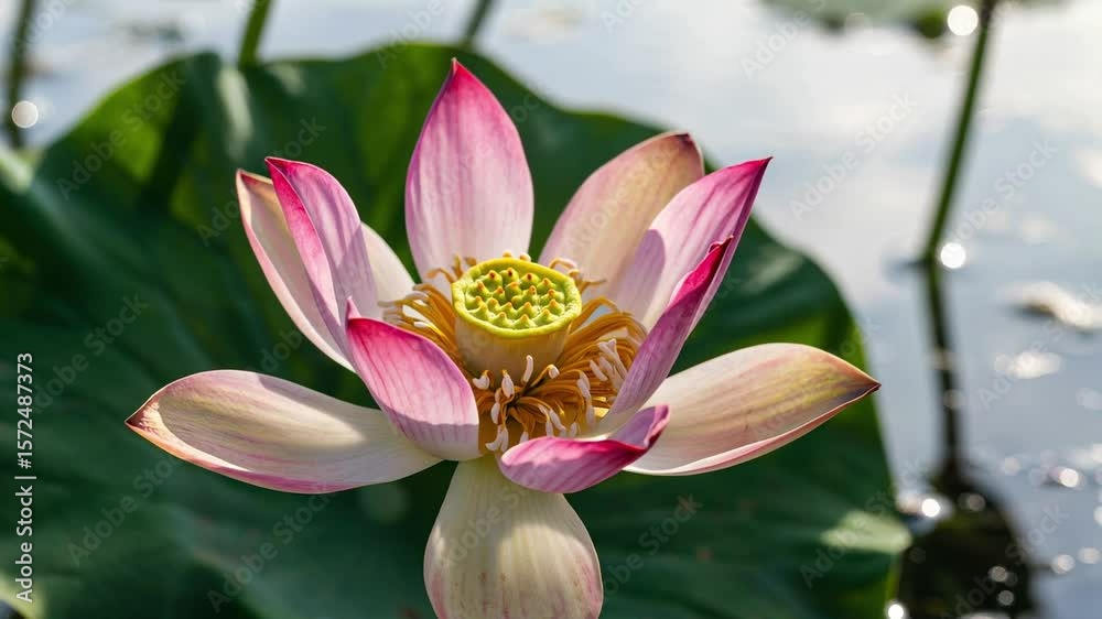 Beautiful lotus flower blooming in sunlight above the water  