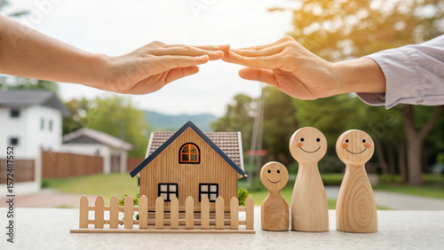 Family home insurance protection concept with hands covering house and wooden family figures for security, safety