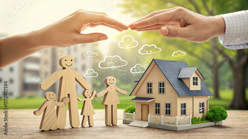 Home insurance protection for family and house concept with care and safety assurance policy cover