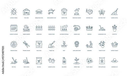 collection gardening-themed line icons tools plants activities gardening landscaping, hose Watering Garden schedule fence bed