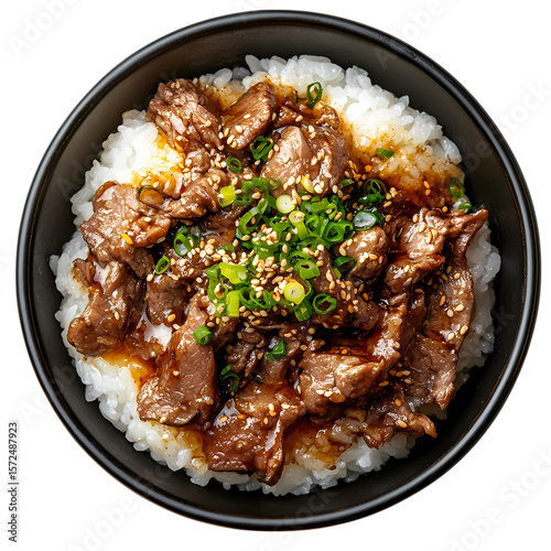Overhead view of a bowl of beef and rice with sesame seeds and scallions