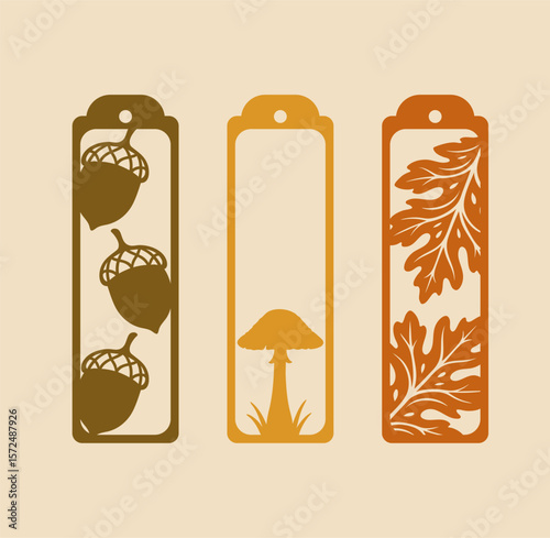 Autumn laser cut bookmarks with botanical leaves berries and mushroom elements